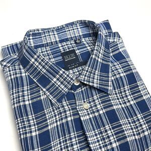 BLUE by Saks Fifth Avenue Plaid Linen Button Down Shirt Blue White Slim Fit L